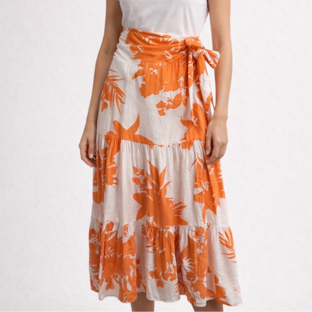 Calypa Orange & White Floral Wrap Maxi Skirt with Side Tie Size Small